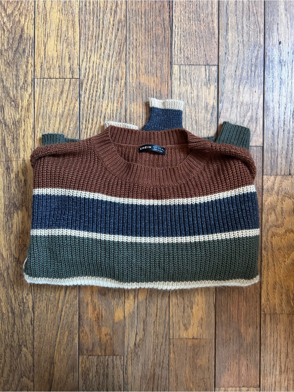 SHEIN Women’s Brown Navy Olive White Striped Knit Sweater Size Medium